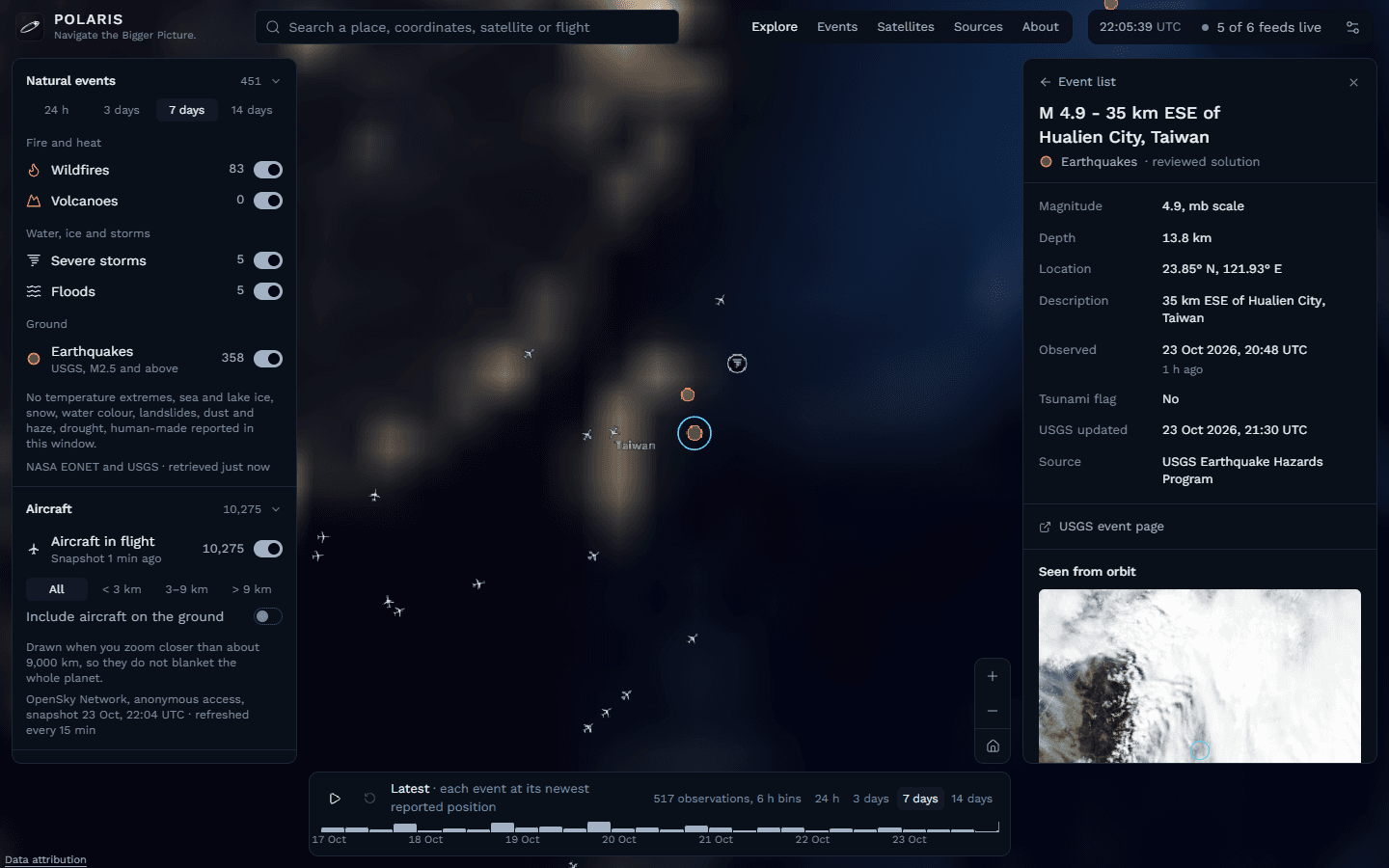 Polaris zoomed in on a magnitude 4.9 earthquake near Hualien City, Taiwan, with aircraft nearby and a NASA satellite image of the area in the detail panel.