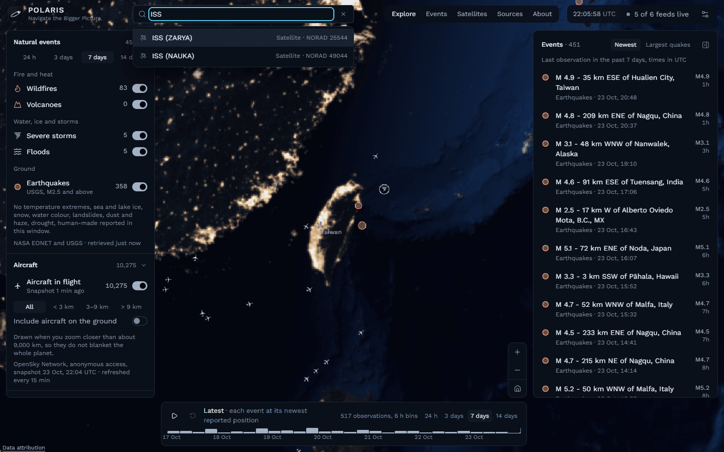 Polaris search showing two ISS modules as results, over Taiwan's city lights on the night side of the globe.